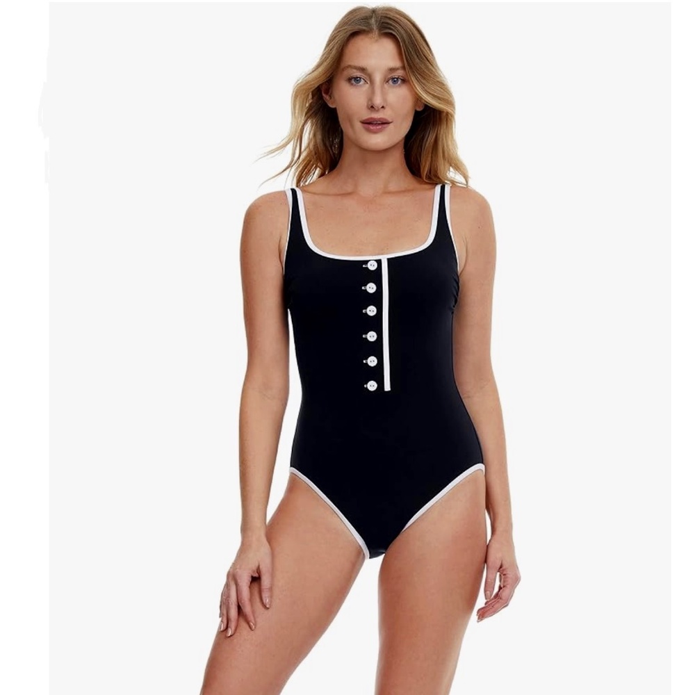 Gottex Sail to Sunsets Square Neck One Piece Nautical Button Front - Size 8 NWT